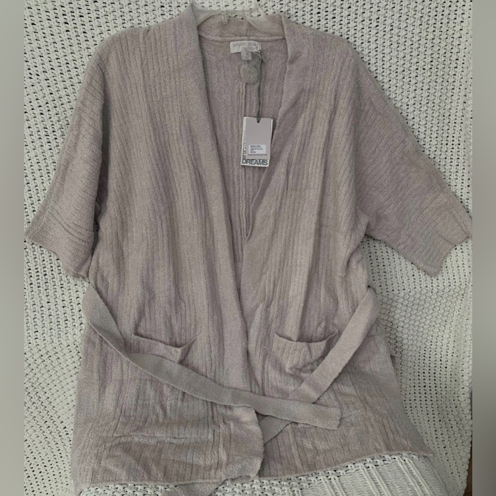 NWT Barefoot Dreams CozyChic Lite Short Sleeve, Ribbed, Belted Cardigan;Size S/M